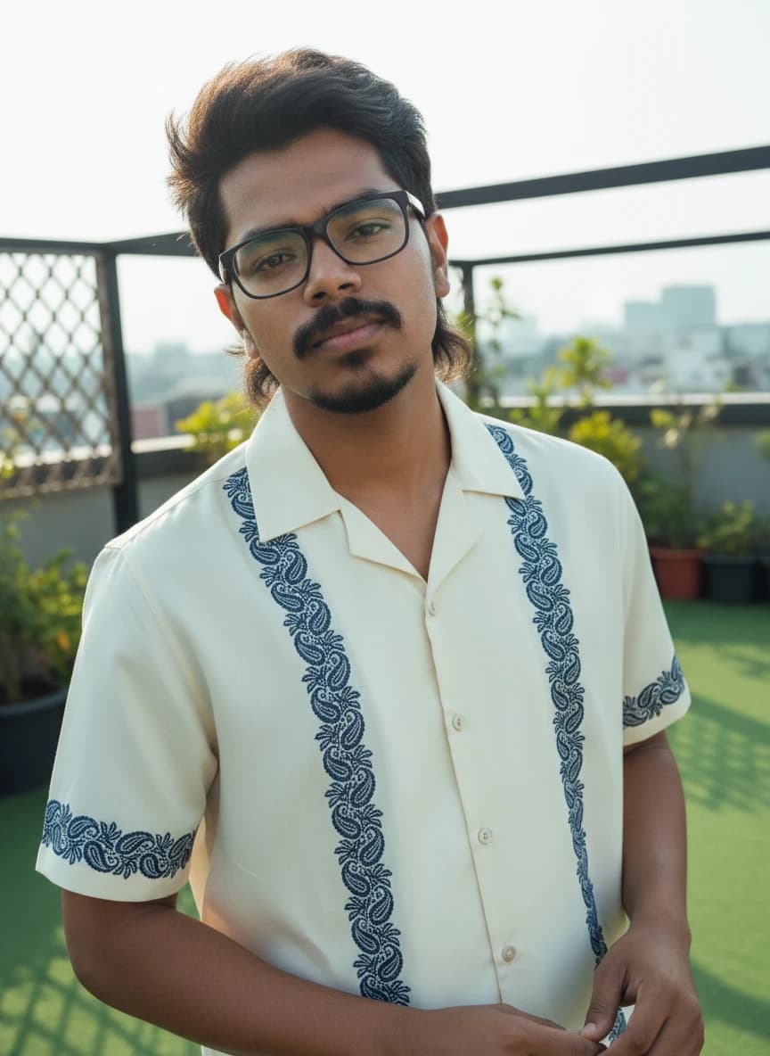 AI generated model in minimalist fashion against a clean background.